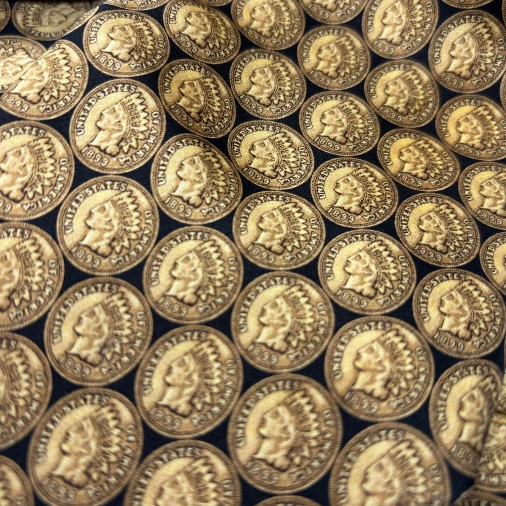 Museum Artifacts Necktie Mens Gold Black Indian Head Penny Coin Handmade Silk